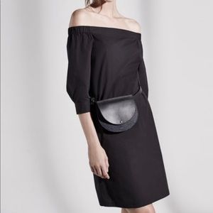 Theory off the shoulder black poplin shift dress. Sz 8